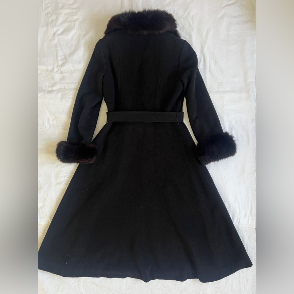 Pierre Cardin Vintage 70s Fox Fur Wool Melton Fit Flare Belted Luxe Winter Coat - Picture 14 of 15